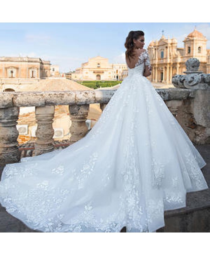 2022 Floral Print Round Neck Allurebridals Wedding Dress Embroidery Cathedral Train embroidered bridal gowns robe de mariage