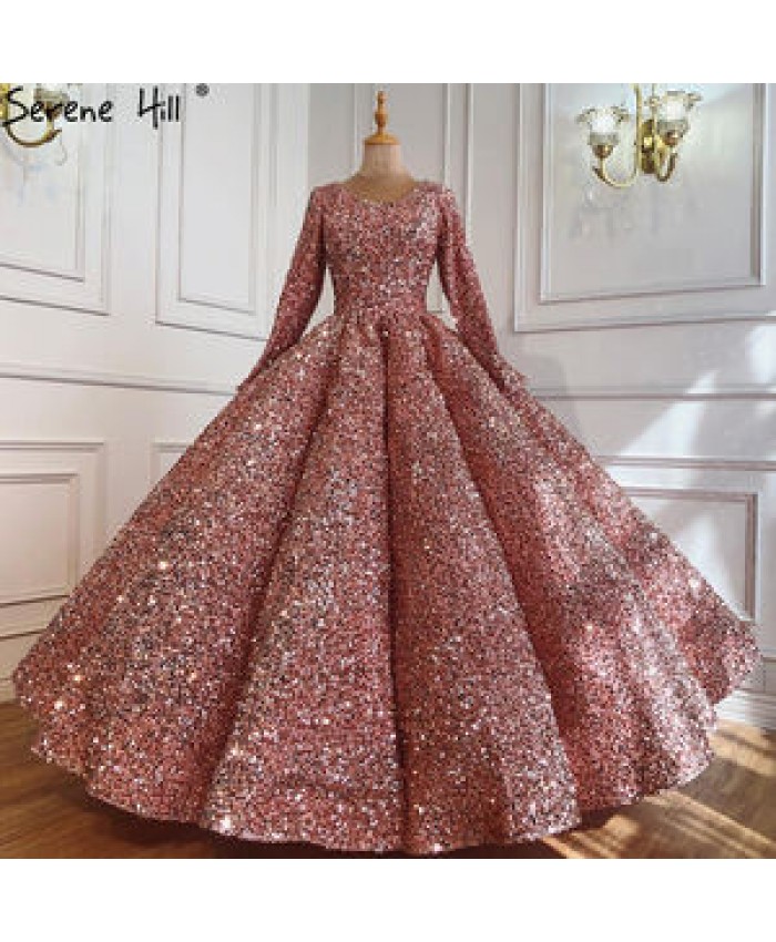 Elegant Pink Muslim Sequined Wedding Dresses 2021 Serene Hill HA2294 Long O neck Bridal Ball Gowns For Women Custom Made