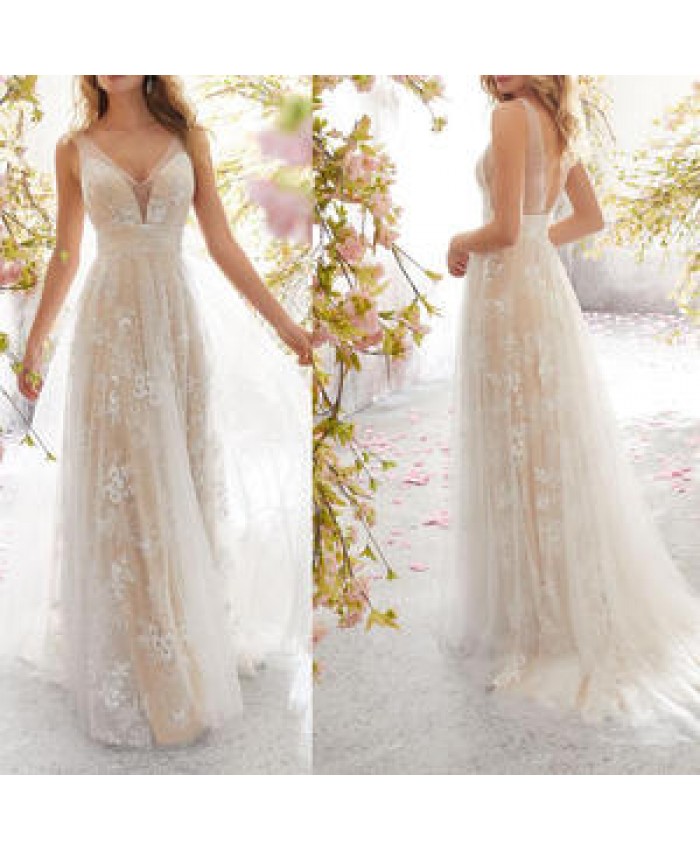 Fashion Gaun Pengantin Lace Embroidered Bride Gown Bondage Low Back Wedding Dress White
