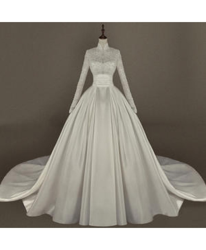 Hot Sale High Neckline Long Sleeve Beaded Mermaid Bridal Gowns Court Train Simple Lace Appliqued Wedding Dress