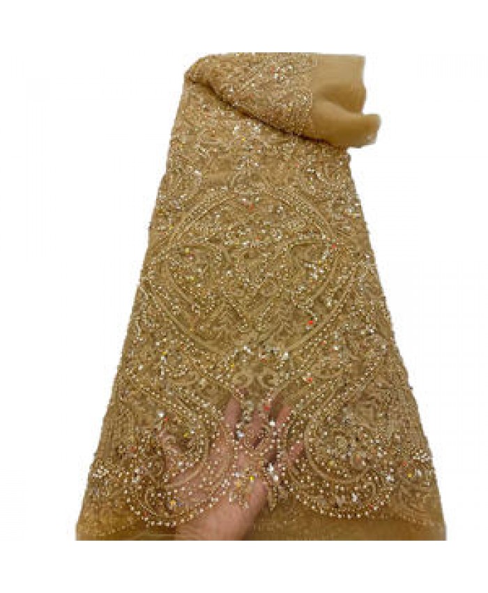 Luxury Beaded Embroidery Fabric Wedding Apparel Accessories Lace Fabric with beads sequins Fabric manufacturer for Dress