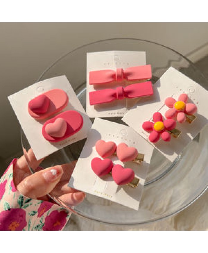 New Arrival Korean 3D Baby Girls Candy Color Hair Accessories Cute Pink Heart Flower Hair Clips Set Duckbill
