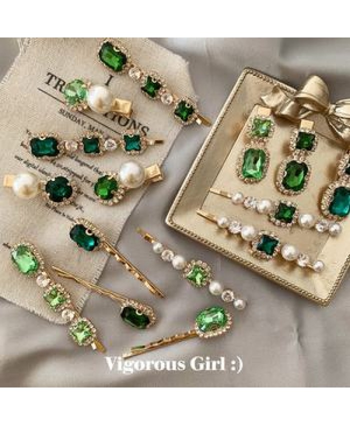 Korean Women Word Hair Clips Hairpin Accessories Vintage Green Pearl Rhinestone Hair Clips