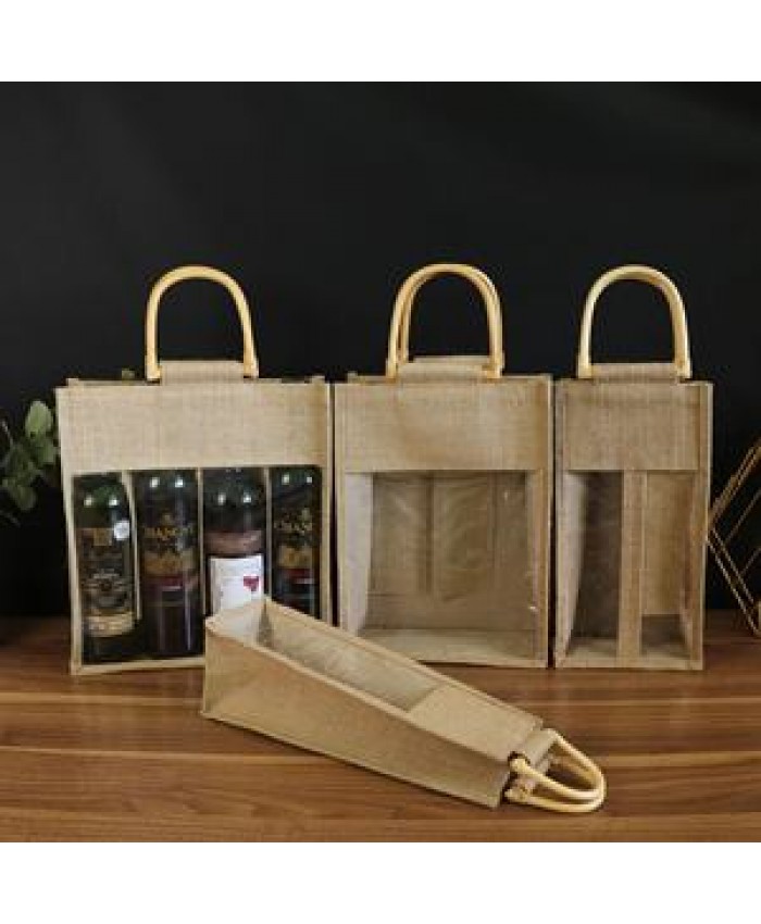 wooden handle reusable burlap wine bag with display window
