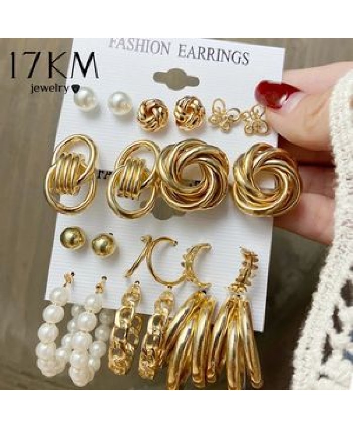 Vintage Geometric Gold Metal Earrings Set Punk Pearl Dangle Drop Earring Jewelry For Women