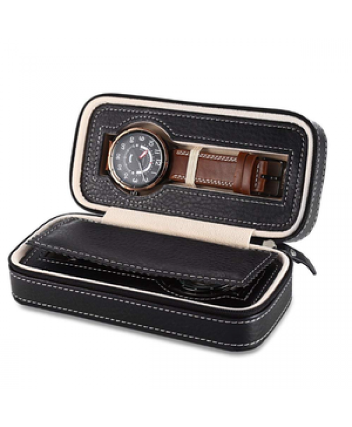 Watch New Products 2 Grids PU Leather Zipper Men Luxury Travel Storage Case Custom Watch Box