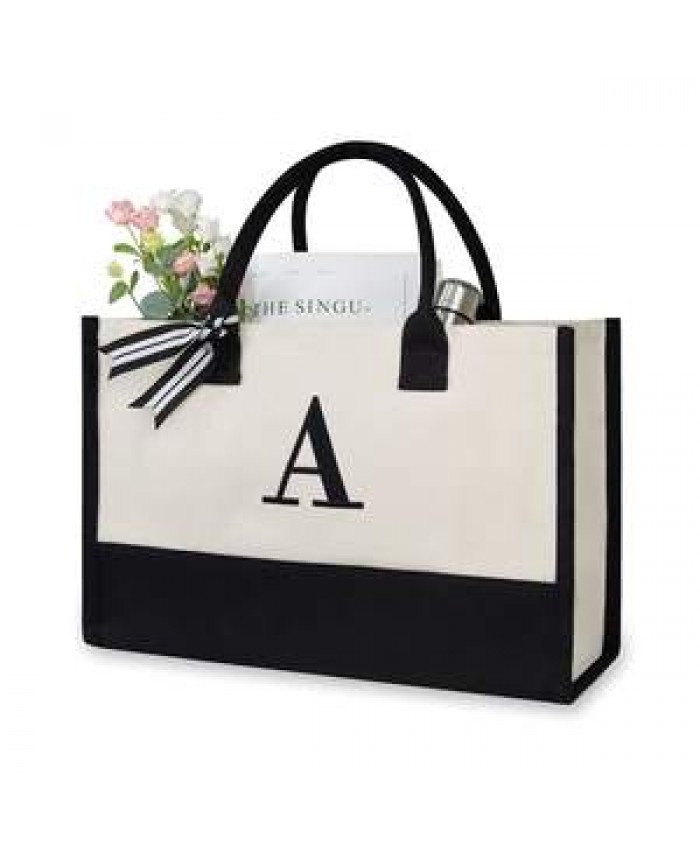 Personalized Initial Canvas Beach Bag, Monogrammed Gift Tote Bag For Women