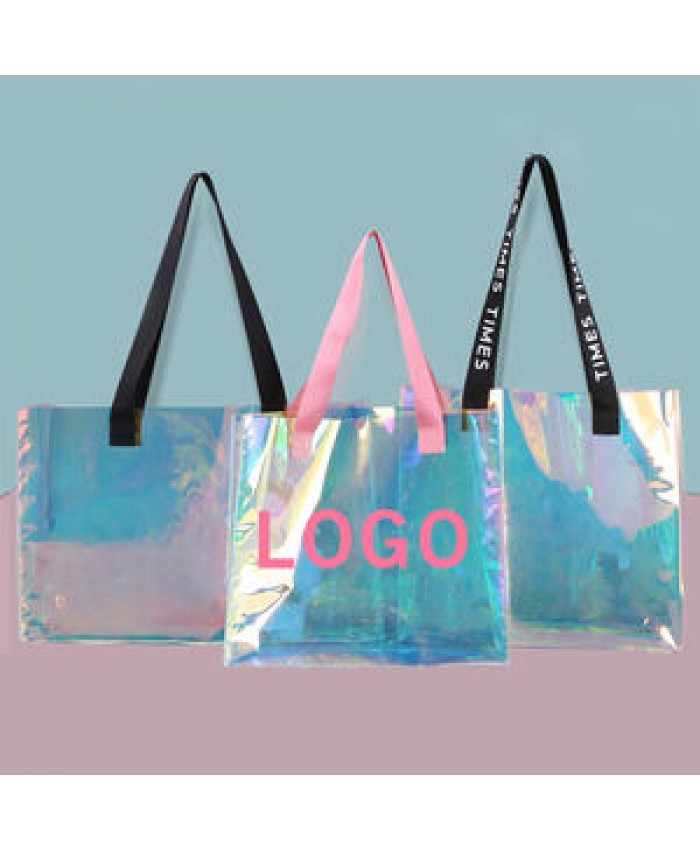Custom Logo Summer Fashion Reusable Waterproof PVC TPU Jelly Hologram Clear Beach Shopping Tote Bag