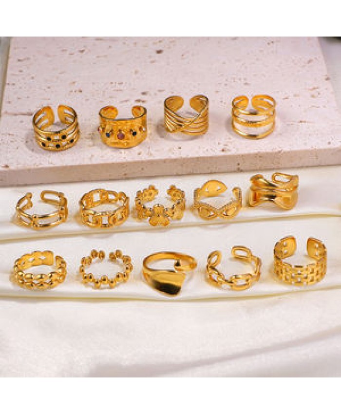 Cheap Stainless Steel Jewelry Rings Set For Women 18k Gold Plated Link Chain Geometric Twisted Wide Band Open Adjustable Rings