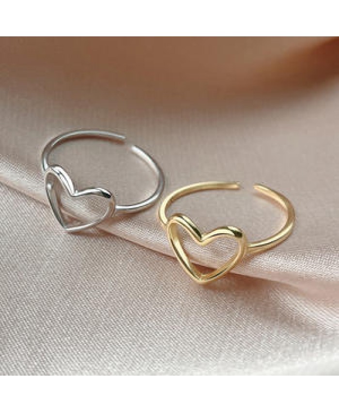 Minimalist Design Dainty S925 Silver Hollow Adjustable Heart Shaped Silver Ring For Women Girls