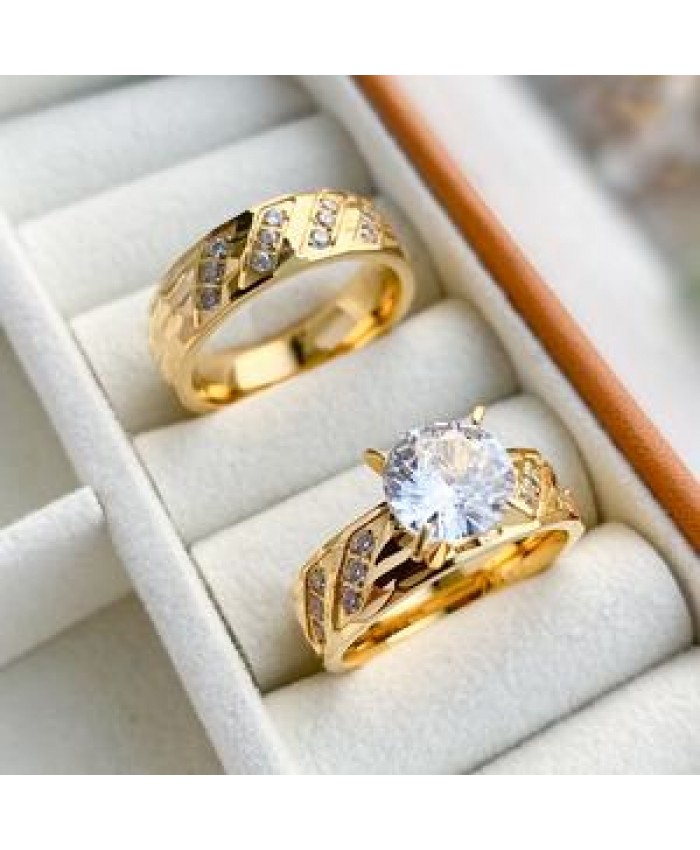 Waterproof and Tarnish Free Couple Ring Jewelry 18K Real Gold Plated Stainless Steel Zircon Diamond Engagement Wedding Ring