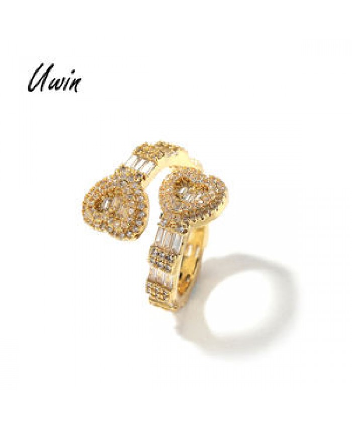 UWIN Full Iced Out Heart Shape Exquisite Opening Rings 18K Gold Plated Rose Gold Hiphop Rapper Jewelry