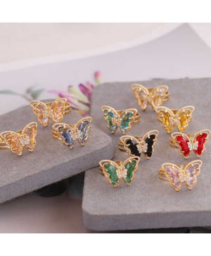 Wholesale Fashion Women Jewelry 18k Gold Butterfly Diamond Ring Rhinestone Adjustable Rings Colorful Crystal Cute Gemstone Rings