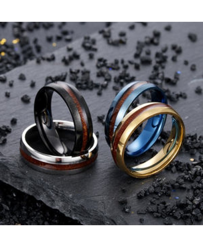 6MM Stainless Steel inlay wood rings Tail Ring for mens Engagement Wedding bands