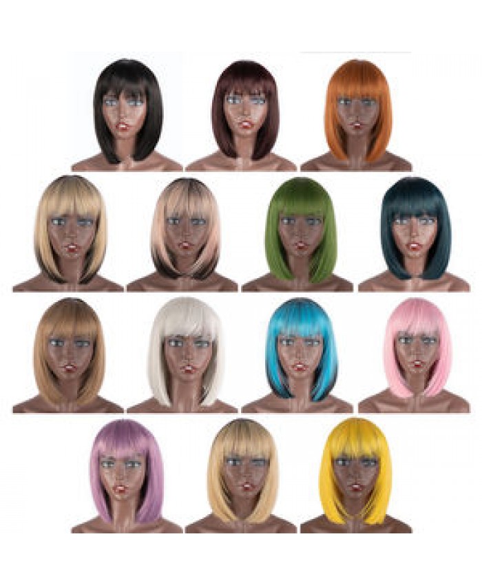High Temperature Straight Synthetic Wigs With Bangs Short Bob Wig Heat Resistant Hairstyle Ombre Cosplay Wigs For Women