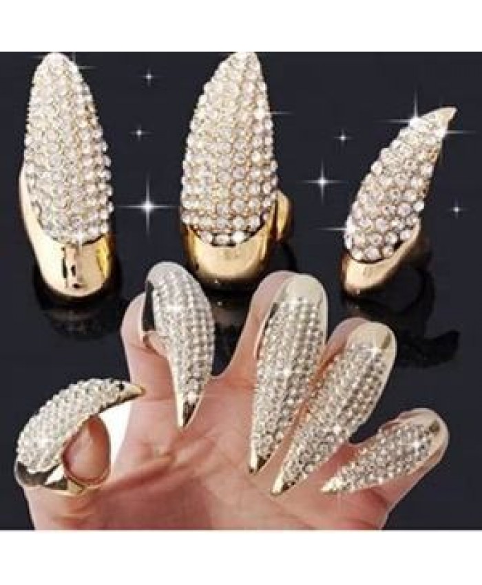 CAT WOMEN Punk Rock Full Rhinestone Crystal Long Large Cat Claw Nail Ring Sharp Paw Talon Finger Rings 3 Sizes Black Gold Color