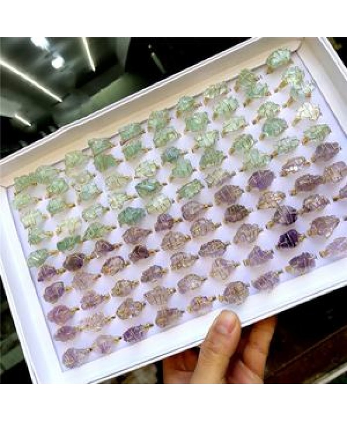 Fashion Wire Wrap Natural Rock Mineral Quartz Stone Women Rings Resizable Healing Amethysts Fluorite Purple Crystal Finger Ring