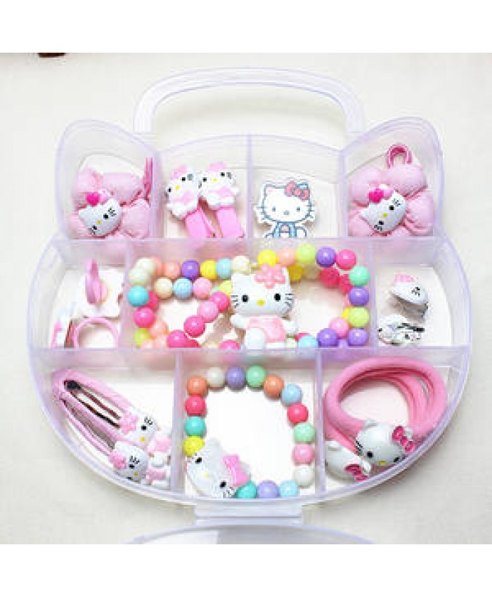 Wholesale lovely Hello Kitty Boutique gift Box Girl baby Acrylic Hair Clip Elastic Hair Bands kids hair accessories Set