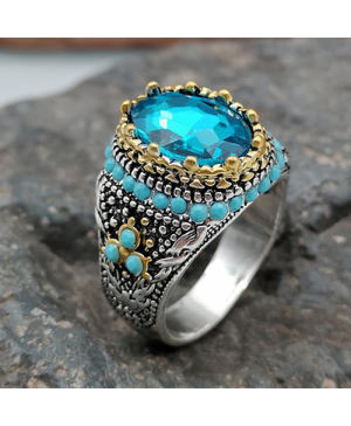 2022 New Vintage Black Natural Stone Rings Handmade Turkish Signet Ring Punk Diamond Inlaid Turquoise Ring for Men