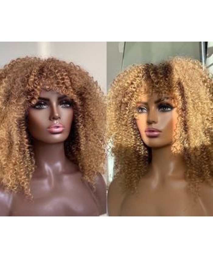 $5 sample Wigs Afro kinky curly ombre blonde wigs with bangs for black women 16 inches heat resistant synthetic wig