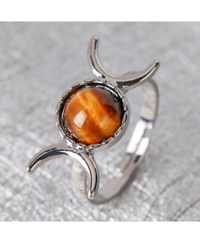 anillo plata Adjustable Goddess Witch Rings Silver Gemstone Moon Real Natural Tiger Eye Stone Ring for Women