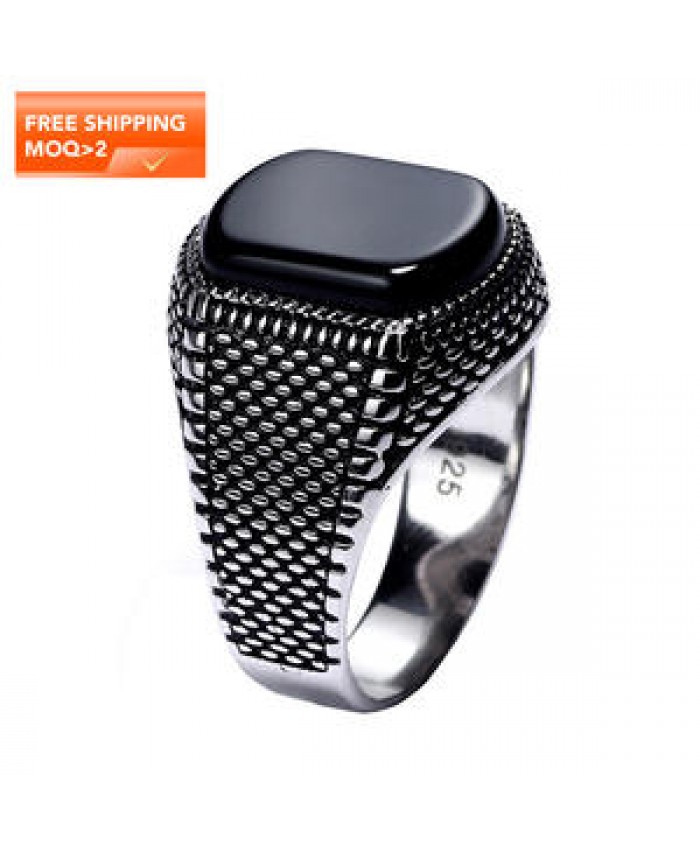 Turkish Jewelry Black Ring Men Light-weight 6g Real 925 Sterling Silver Mens Rings Natural Agate Stone Vintage Cool Fashion