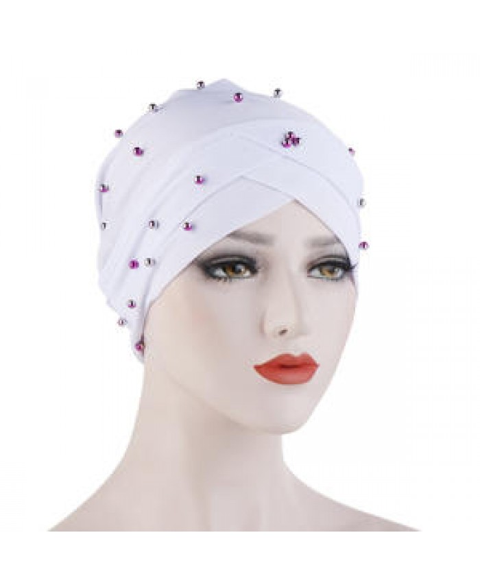 Hat TB-518 African Women Headwrap Crystal Linen Forehead Cross Beanies Turbans Hat Arab Muslim Female Beaded Hair Turban Head Wrap
