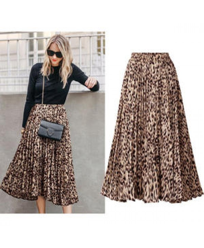 OEM Quality Women's Fashion Large Size Print Leopard Mid Length Pleated Elastic Waist Skirts Manufacturer