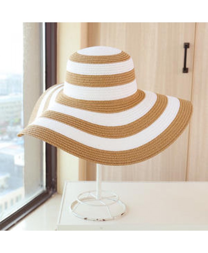 Women Natural Straw Striped Hat Derby Beach Sun Hat Lady Summer Wide Brim UV Protect Hats