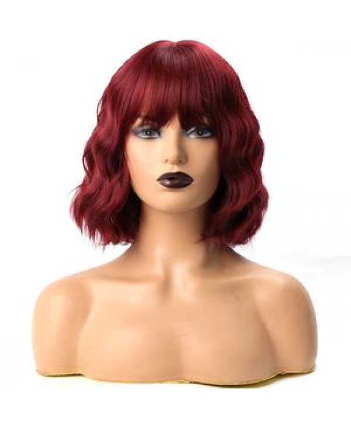 Short Wavy Wig with Bangs Red Synthetic Wigs For Women Natural Brown Mixed Black Hair Bob Wigs Heat Resistant Fiber