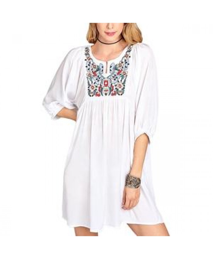 Blouses Women OEM 3/4 Sleeve White Blouses Midi Elegant Women Dress Cotton Floral Embroidery Tunic Blouses