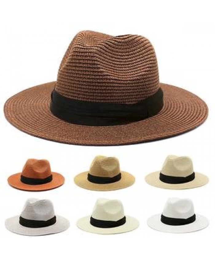 Factory wholesale straw sun fashion visor roll brim hats women wide brim straw panama hat fedora beach sun hat UPF50+