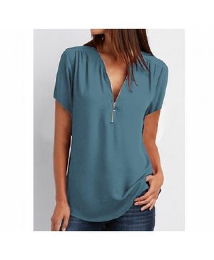 Women Blouse FZ-182 Wholesale 9 Colors 8 Size Popular Women Girls Blouse V Neck Zip Plus Size Short Sleeve Loose Chiffon Shirt