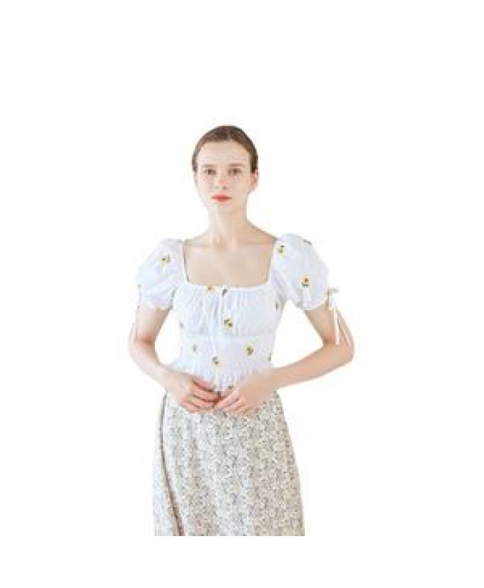 Woman Blouse French Woman Embroidery White Tops Ladies Summer Elegant Short Blouse