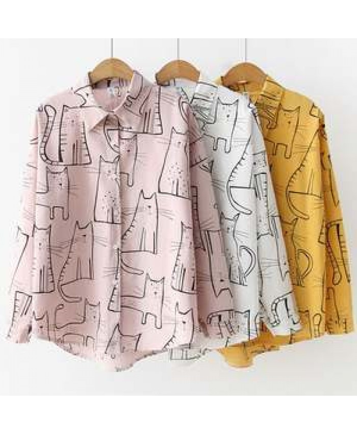 Women Hongkong Korean Fashionable Style Cartoon Cute Cats Printing Long-sleeve White Shirts Casual Office Blouse T06112T 1