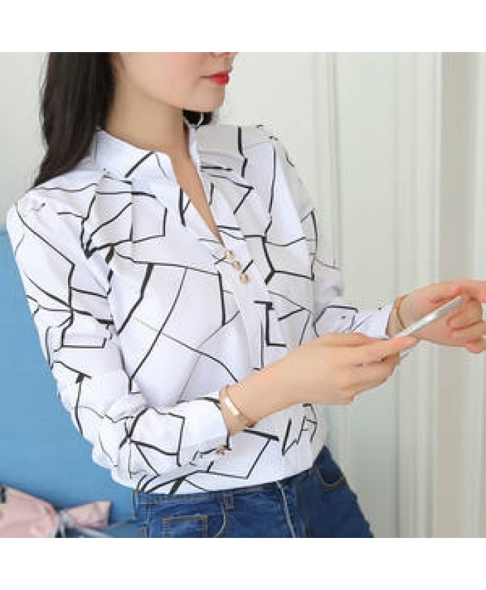 2022 summer Elegant Printed Shirt Chiffon Blouse Women's Tops Office Slim White Long Sleeve woman tops Shirts blusas de mujer