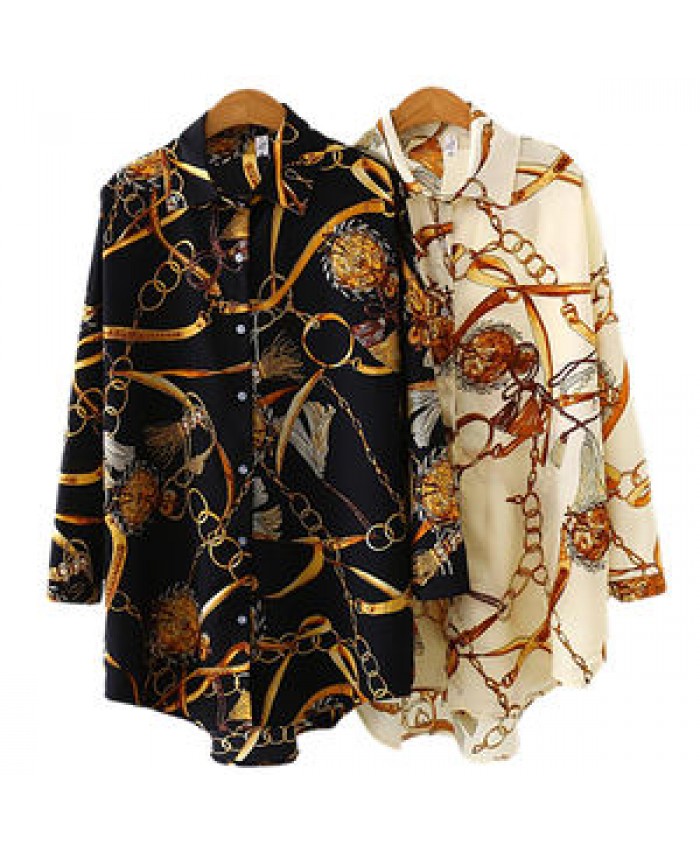 Casual Summer Shirts Chain Print Blouses Chiffon Streetwear Tops Women Spring Elegant Tunic Button Up Shirt Plus Size Blouse