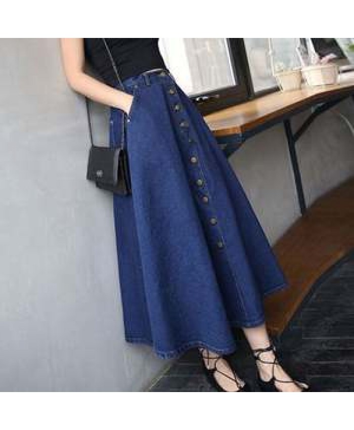 Fashion Women A Line Denim Maxi Skirt Wholesale Long Denim Skirts
