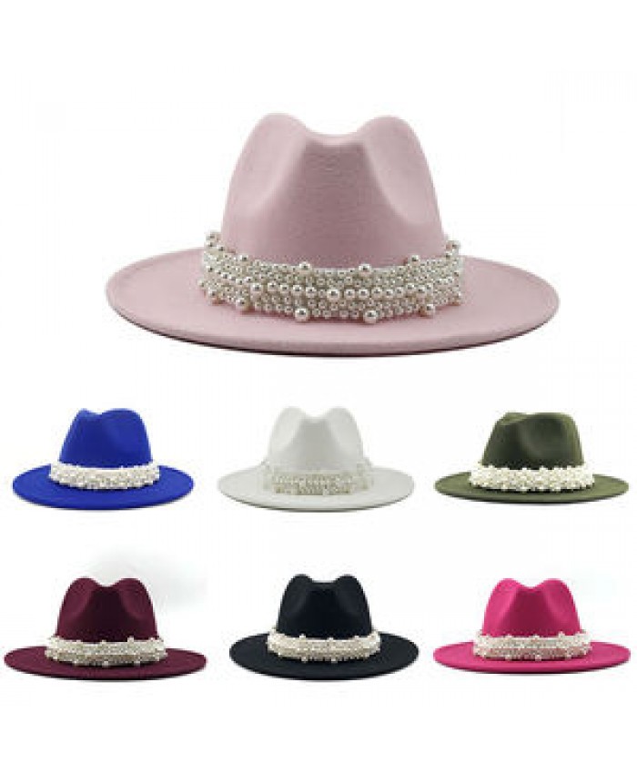 New Elegant Lady Winter Wide Brim Hat Women Wool Fedora Felt Hat With Pearl