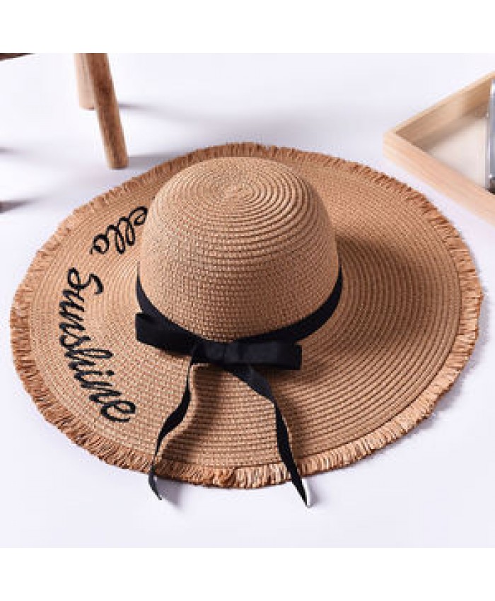Wide Brim Sun Hats For Women Letter Embroidery Black Bow Panama Straw Hat Folded Floppy Beach Ladies Caps