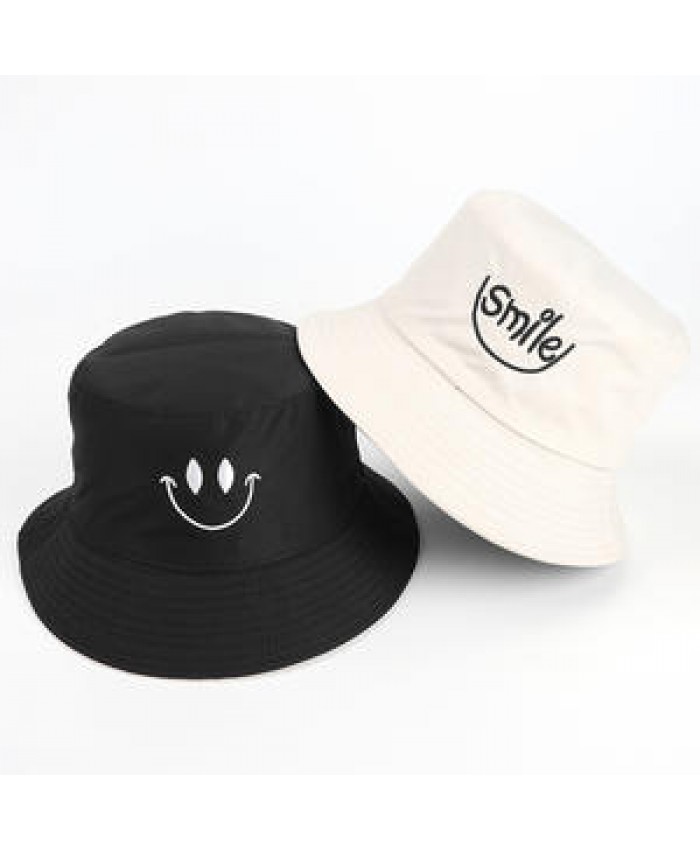 Fisherman Hat Lady Smiling Face Embroidery Double-Sided Smile Bucket Hat Outdoor Unisex Sunshade Hat