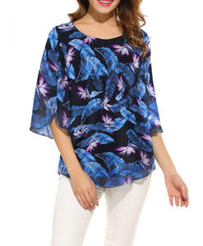 custom new lady five-point flare sleeve floral chiffon blouse women tops