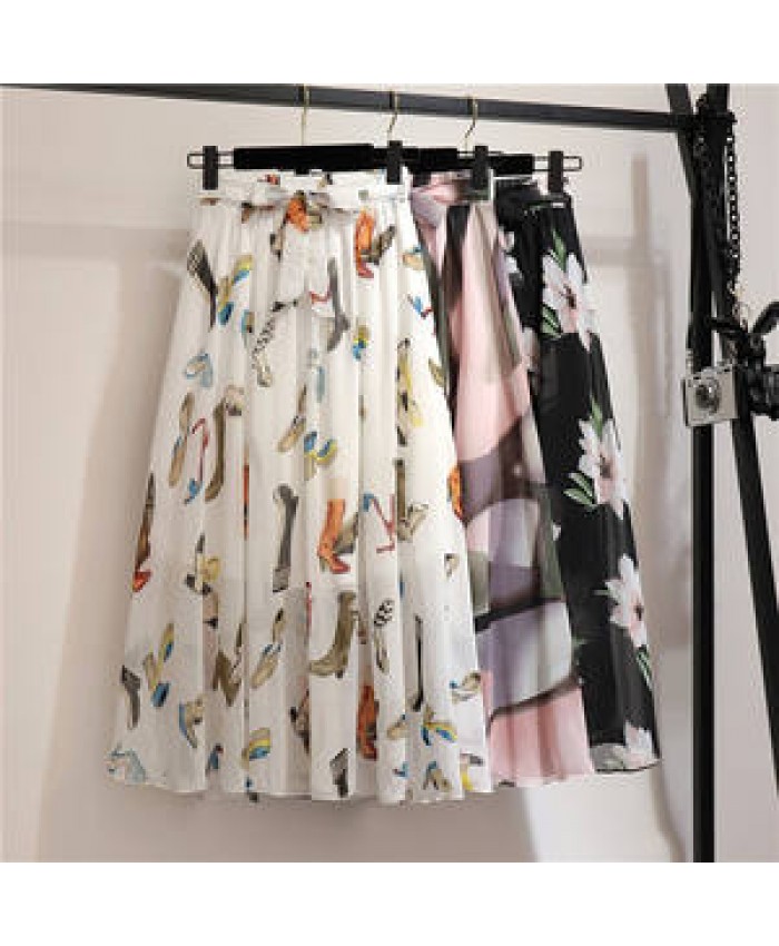 Women Summer Skirts 2022 Vintage Printed Chiffon A-Link Skirt Bohemian Bow Waist Casual Holiday Beach Midi Skirt With Lining New