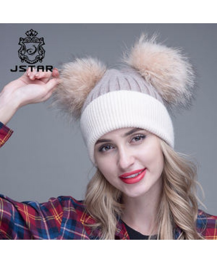 Warm Winter Knit Beanie animal fur winter hat lady hat beanie hats double fur balls