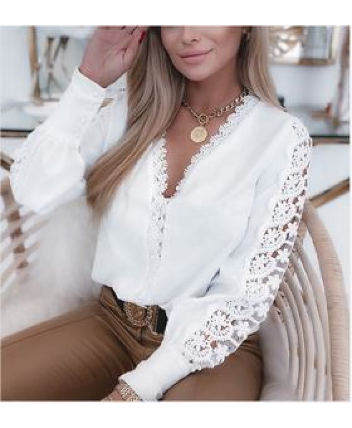 Elegant ladies White Cut Out Tops Shirt V Neck Women Solid Contrast Lace Blouse