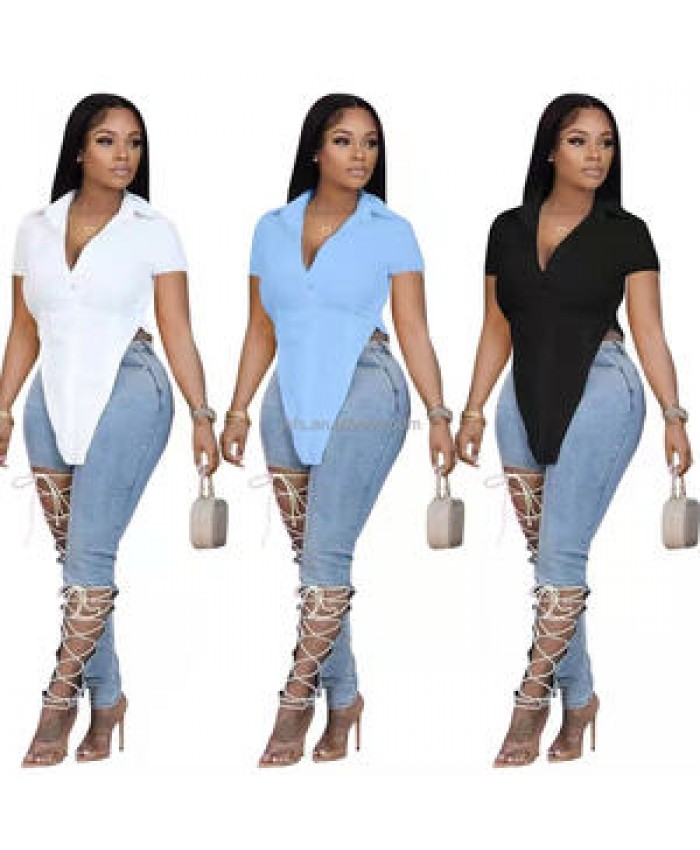 J&H 2022 new arrivals chic plain short sleeve slim fit women's blouses & shirts fashionable hot sale front long casual tops