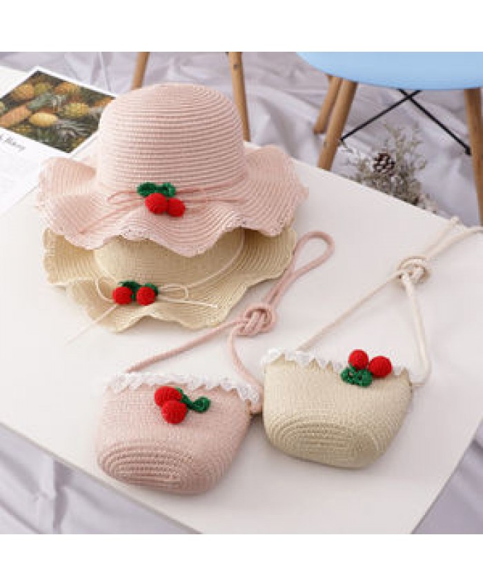 Fashion style 2pcs set flower straw hat & bag set kids Flower Straw Hat for girl Straw Summer Lady Hat