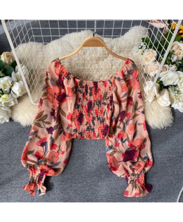 TW863A 2020 Hot trend Fashion Puff Sleeve Flower Print Crop Top Chiffon Blouse Short Shirt Women Blouse