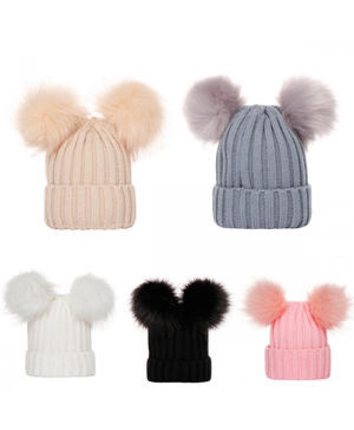 2022 Cute lady Beanies caps Crochet Warm Knit Fur Ball Hats Kids Removable Pom Winter Hat