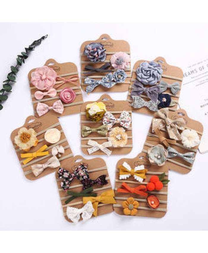 5pcs/set New Hair Bows Elastic Kids Hairbands Cute Velvet Chiffon Headbands Baby Girls Headbands Set